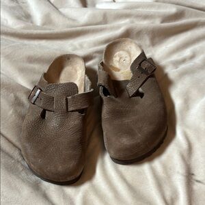 Birkenstocks Brown Suede Slip-On Clogs